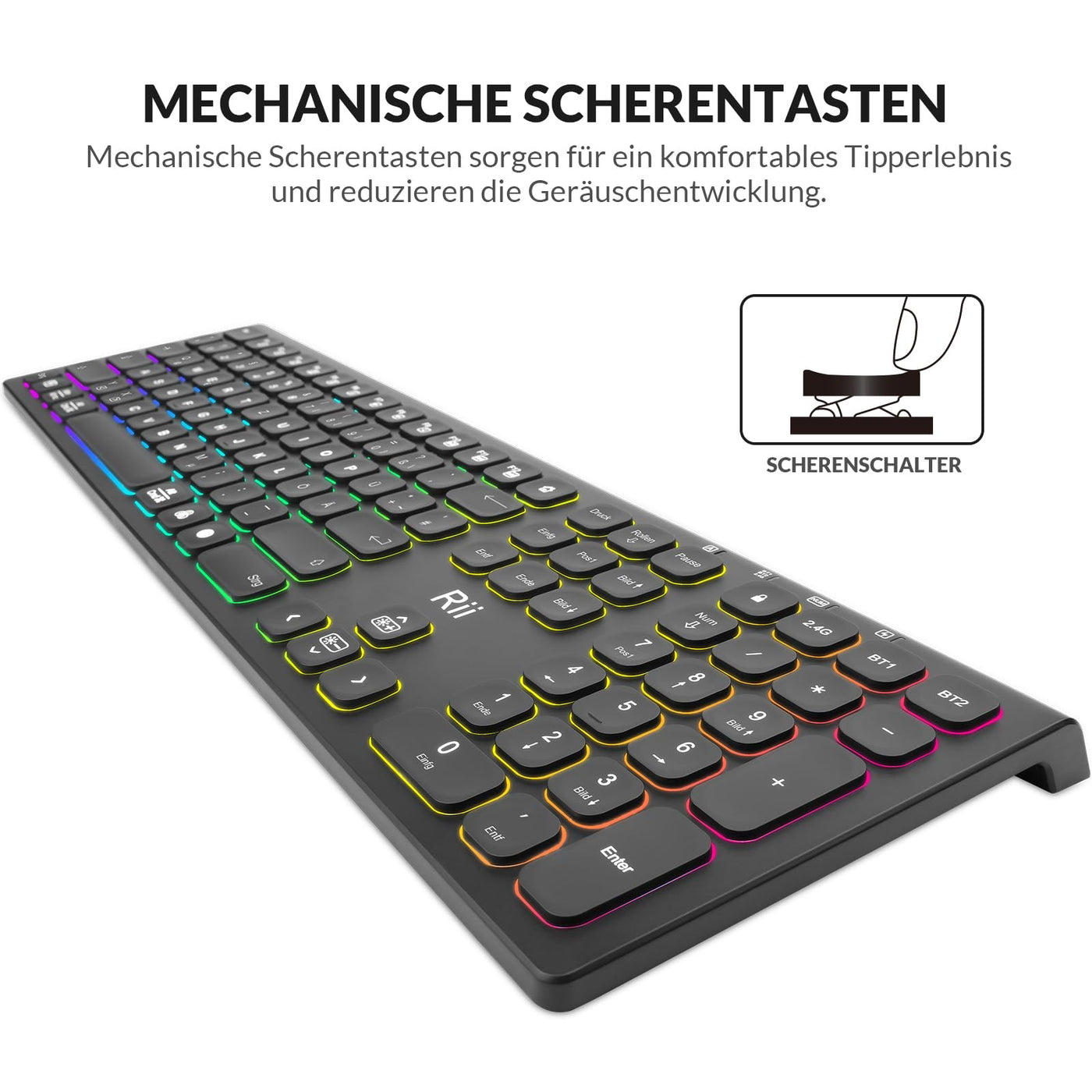 Rii Bluetooth Tastatur Kabellos, Gaming Tastatur Bluetooth mit QWERTZ, Tastatur Gaming Keyboard mit Halterung, Kabellose Tastatur Beleuchtet für PC/Tablet