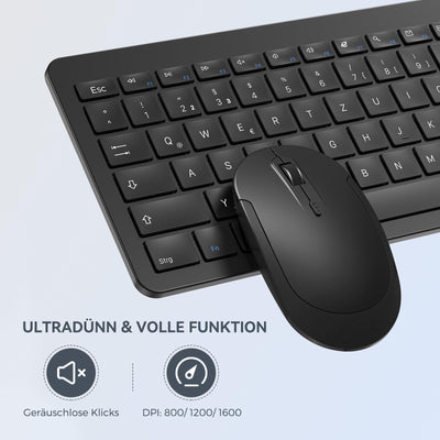 Tastatur Maus Set Kabellos, seenda Ultra-Dünne Wiederaufladbare Funk Tastatur Maus Set, Ergonomische Tastatur Kabellos mit Silikon Staubschutz für PC/Laptop/Smart TV, DE QWERTZ Layout, Schwarz