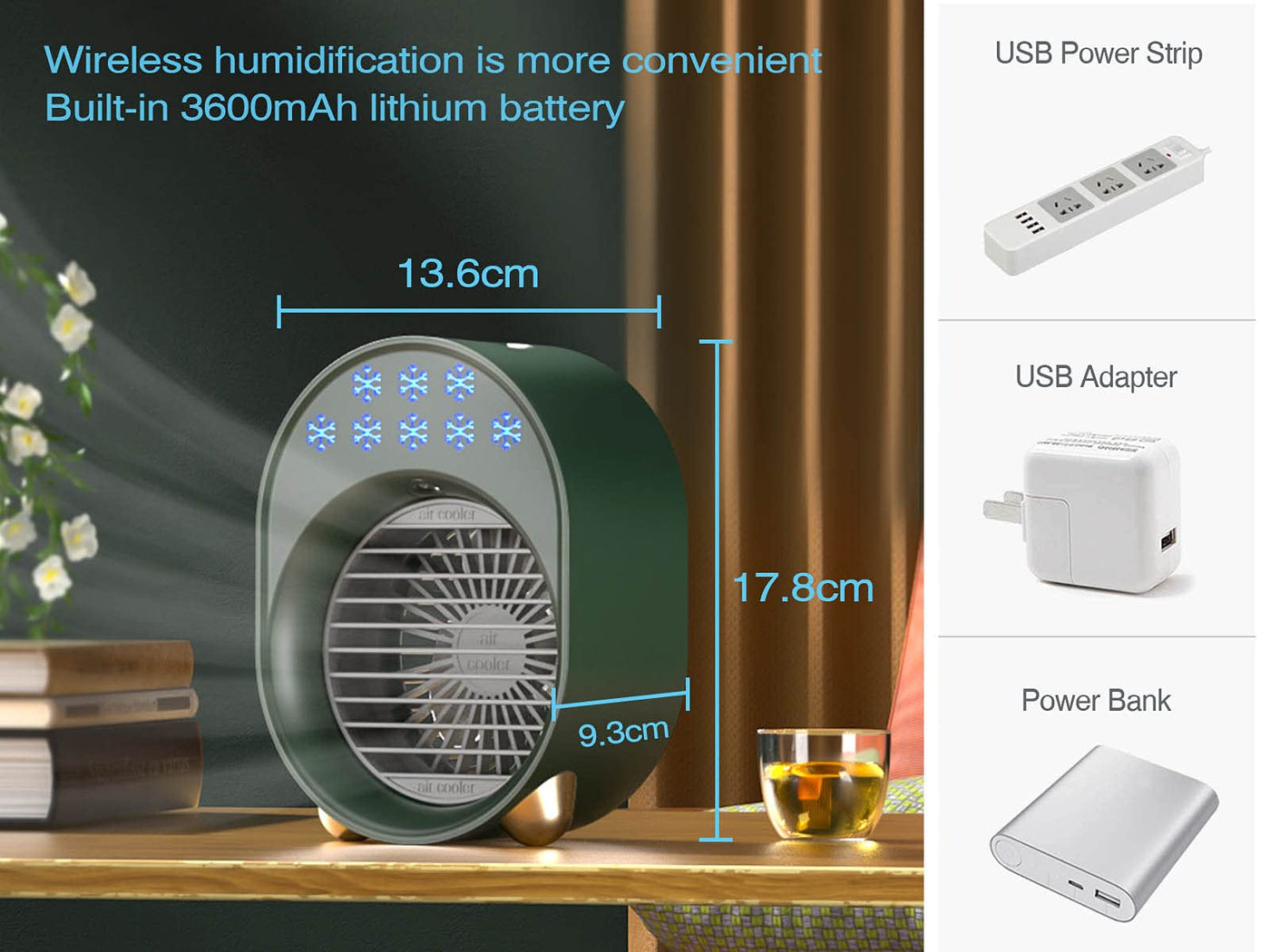 Luftkühler mit Verdunstungskühlung, Mini Klimaanlage Akku Portable, Mini Ventilator USB 4 in 1, Mobile Klimagerät ohne Abluftschlauch Leise Klimaanlage Mobil Klimagerät Conditioner Air Purifier (Grün)