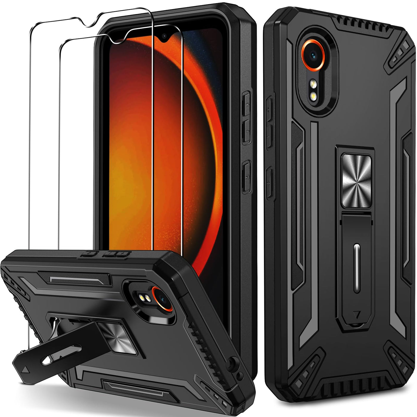 ivoler Hülle für Samsung Galaxy Xcover 7 mit Ständer und 2 Stück Panzer Schutz Glas, [Kameraschutz] [Militärischer] Stoßfest Handyhülle Kratzfest Schutzhülle Anti-Fingerabdruck Case Cover, Schwarz