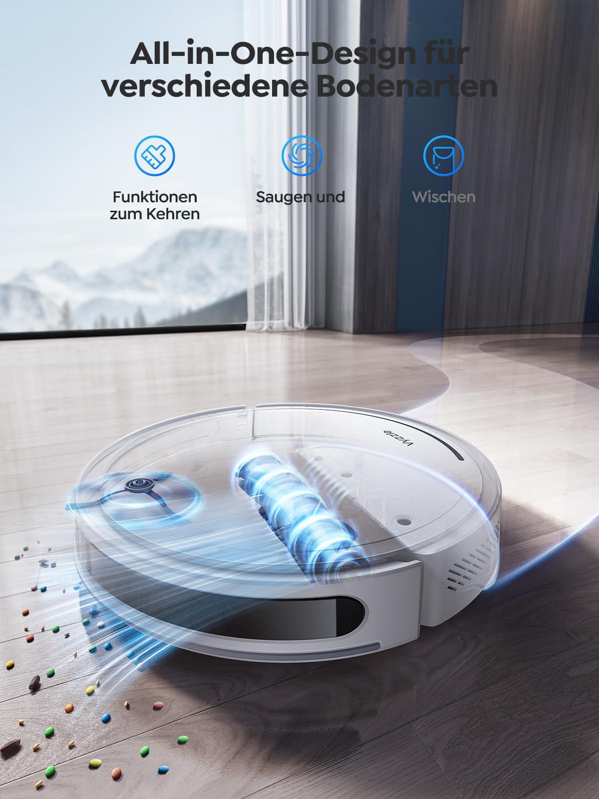 Vyzzle Saugroboter mit Wischfunktion, ultradünner Saugroboter mit LDS Navigation, 5000Pa Staubsauger Roboter D10, App/Alexa, Ideal für Tierhaare, Teppich, Hartboden