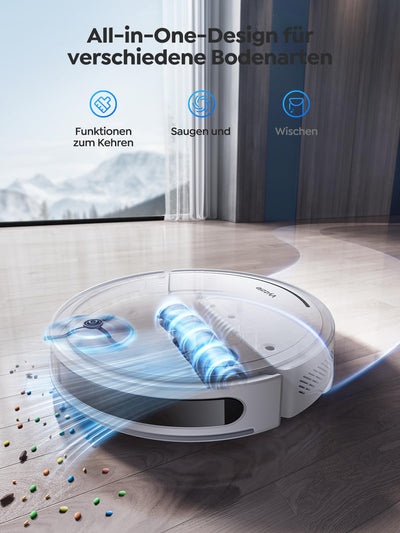 Vyzzle Saugroboter mit Wischfunktion, ultradünner Saugroboter mit LDS Navigation, 5000Pa Staubsauger Roboter D10, App/Alexa, Ideal für Tierhaare, Teppich, Hartboden