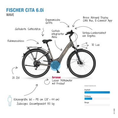 Fischer E-Bike City, CITA 6.0i Elektrofahrrad für Damen und Herren, RH 44 cm, Mittelmotor 50 Nm, 36 V Akku im Rahmen, Platingrau matt, 28 Zoll