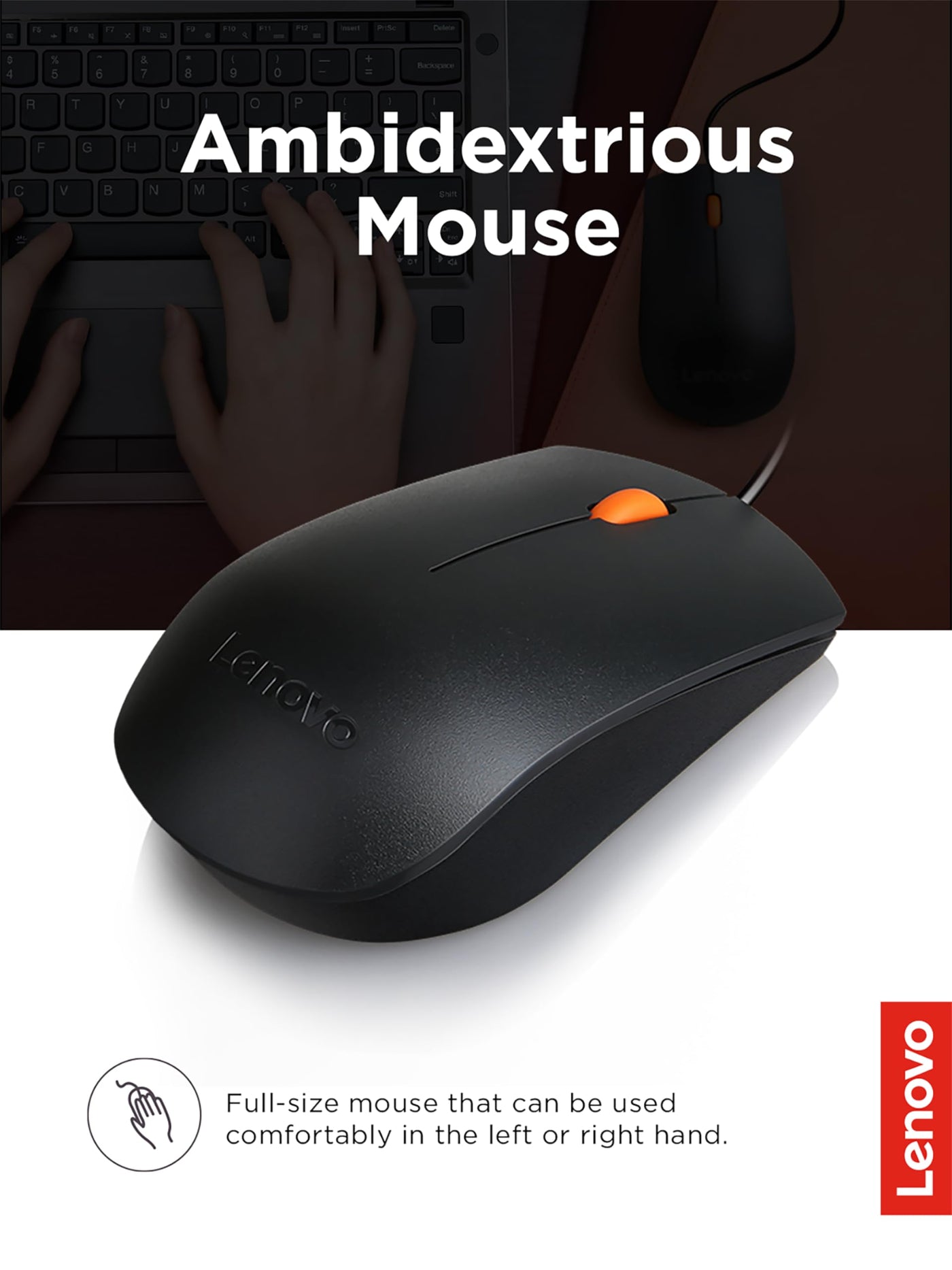 Lenovo 300 USB Combo, Full-Size Wired Tastatur & Maus, Ergonomische, Links- oder Rechtshänder, Optische Maus, GX30M39606, Schwarz