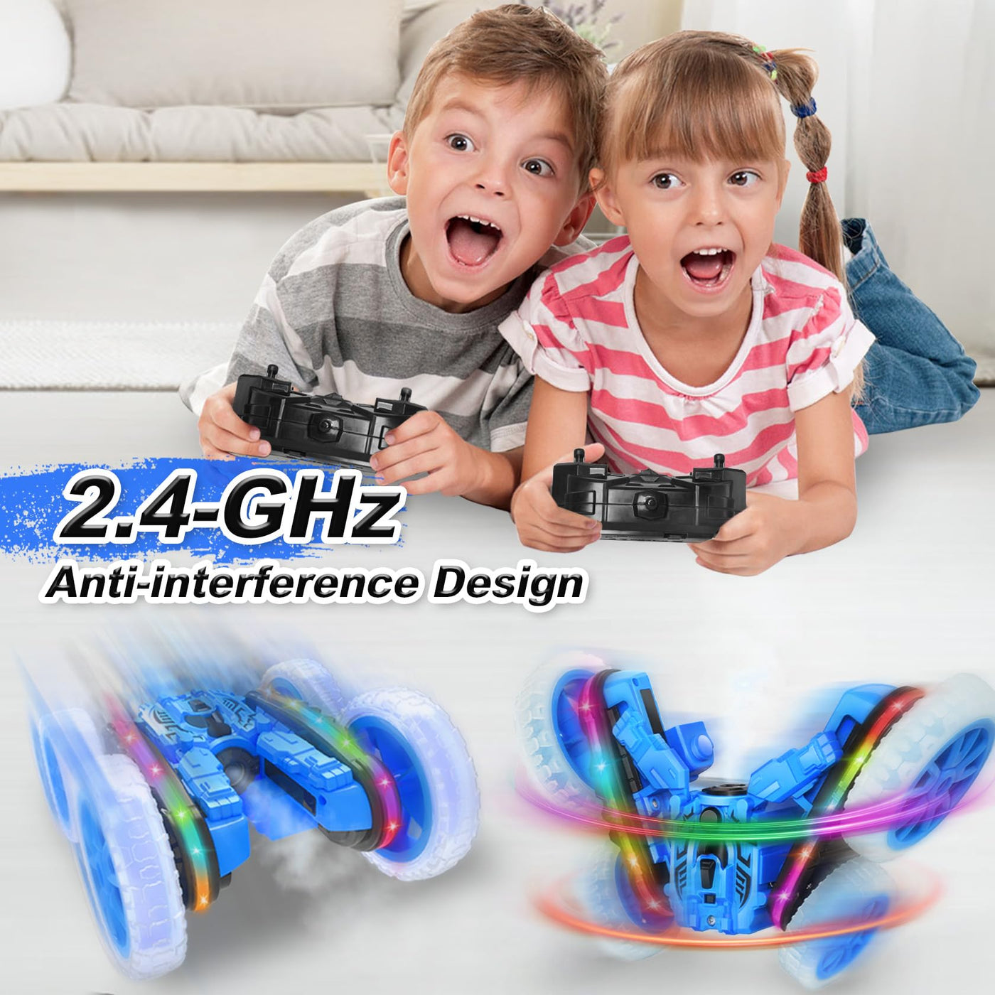 MidiVix Ferngesteuertes Auto, 360°rotierende 4WD RC Autos mit Seitenlichtern und Scheinwerfern, 2.4Ghz Doppelseitig RC Stunt Car mit Spray, RC Drift Spielzeugauto und Geschenke für Kinder (Blau)