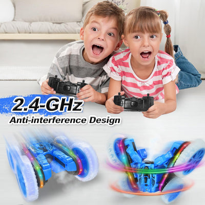 MidiVix Ferngesteuertes Auto, 360°rotierende 4WD RC Autos mit Seitenlichtern und Scheinwerfern, 2.4Ghz Doppelseitig RC Stunt Car mit Spray, RC Drift Spielzeugauto und Geschenke für Kinder (Blau)