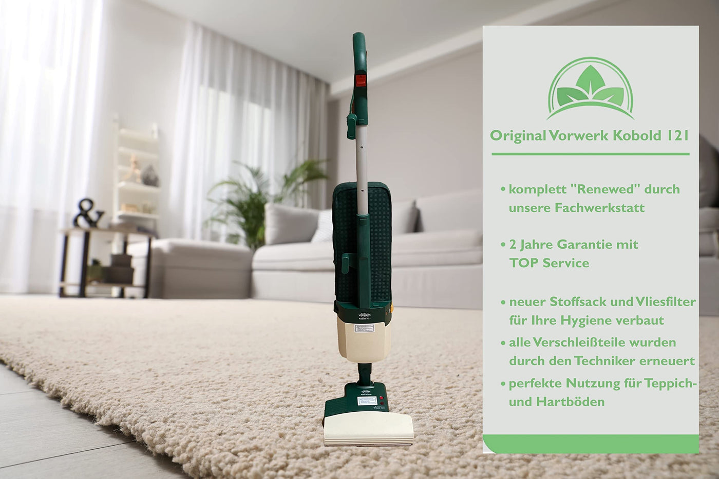 JaTop Original Vorwerk Kobold 121 inkl. Elektrobürste ET 340, Hartbodendüse und 10 Staubsaugerbeutel +Duft Renewed + generalüberholt Garantie, mit Beutel