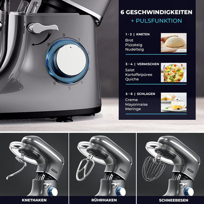 Fentic Küchenmaschine - 2000W - Edelstahl Rührschüssel (6,2 L) - Knetmaschine mit Rührhaken, Knethaken, Schlagbesen und Spritzschutz - Inkl. Schutzhülle und zusätzlichem Zubehör - Anthrazit