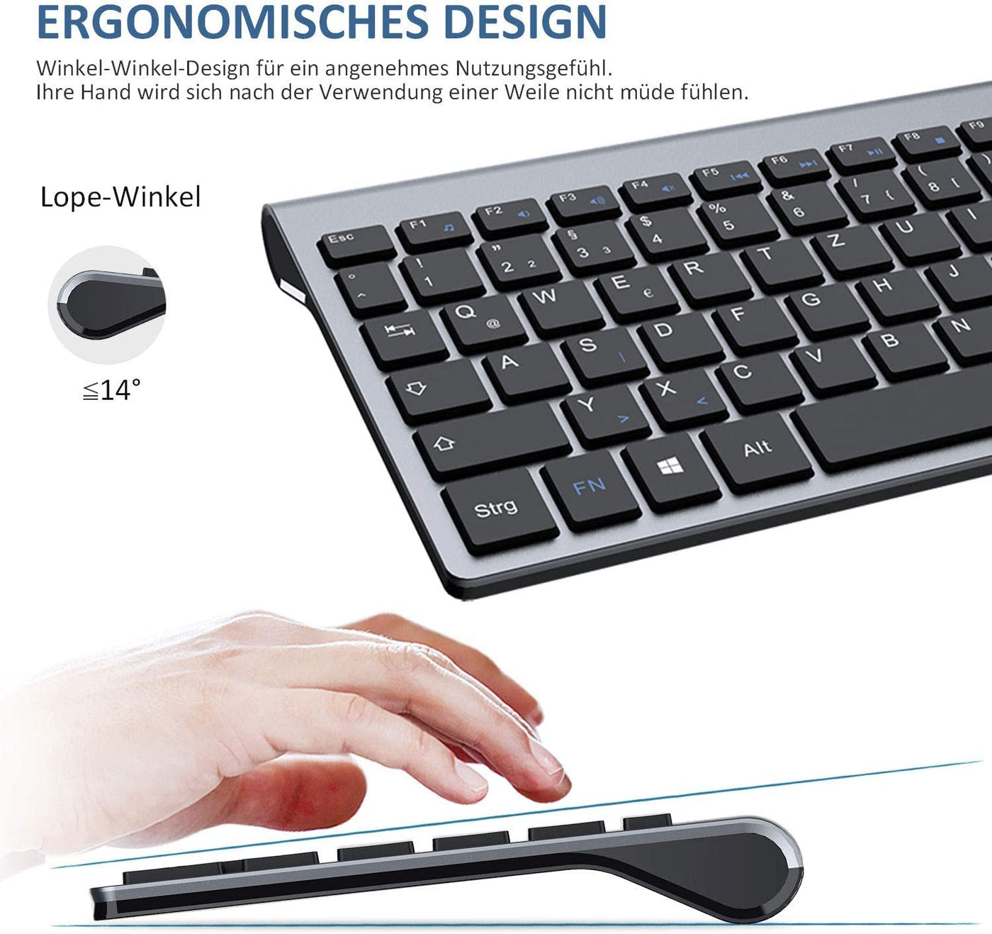 Tastatur Maus Set Kabellos - (Deutsch) USB QWERTZ Funk Tastatur Klein Maus Ultradünne Leise Ergonomisch Tastatur für Computer/PC/Laptop/Smart TV/Windows - Schwarz