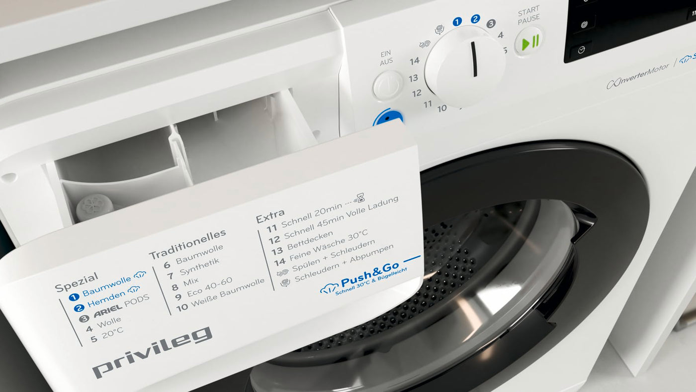 Privileg PWFV X 753 N Waschmaschine Frontlader/1400 U/min/7 kg/EEK B/Push & Go Steam/Schnell 20°/40°/60°, Express 30', Kurz 45'/Inverter-Motor/Mehrfachwasserschutz/Water Balance Plus