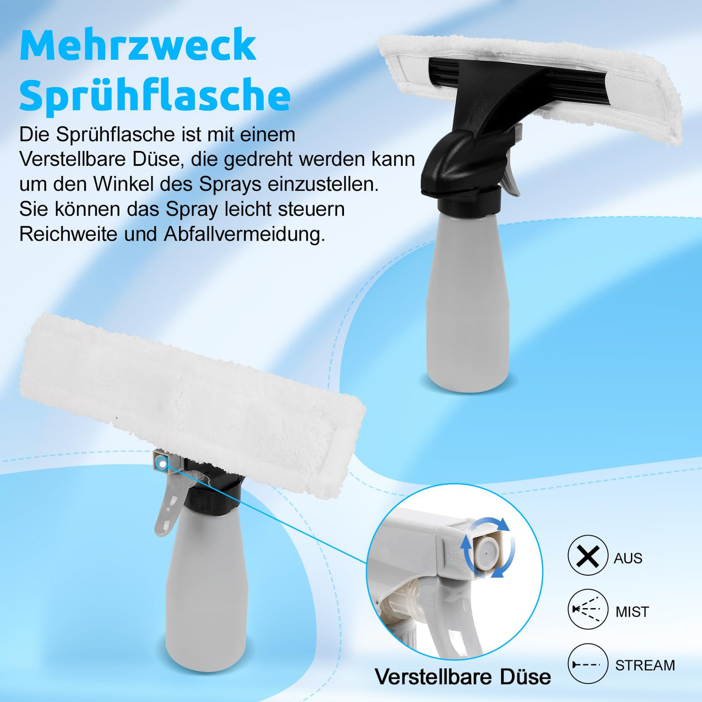 Akku Fenstersauger, 35 Min Laufzeit, 2200mAh Aufladbare Fensterabzieher Mit 150ml Sprühflasche Und 2pcs Wechselbare Absaugdüse, Wischtuchaufsatz für Fenster, Fliesen, Dusche