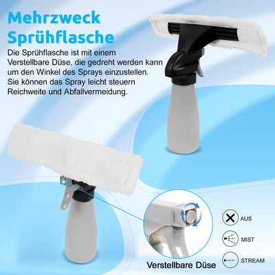 Akku Fenstersauger, 35 Min Laufzeit, 2200mAh Aufladbare Fensterabzieher Mit 150ml Sprühflasche Und 2pcs Wechselbare Absaugdüse, Wischtuchaufsatz für Fenster, Fliesen, Dusche