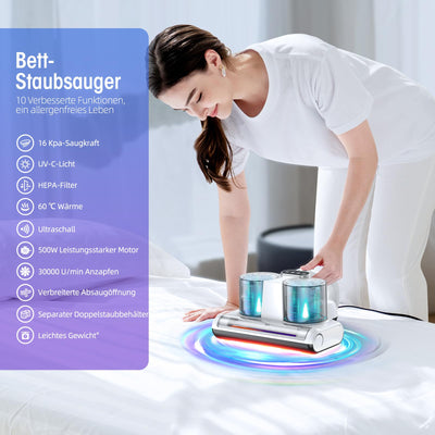 JPHYLL Milbensauger für Matratzen Milbenstaubsauger mit UV-Licht 16Kpa Bürstenrolle Ultraschall HEPA Filter Heißer Wind Funktion Matratzensauger zur Entfernung von Staubmilben Allergenen 500W Weiß