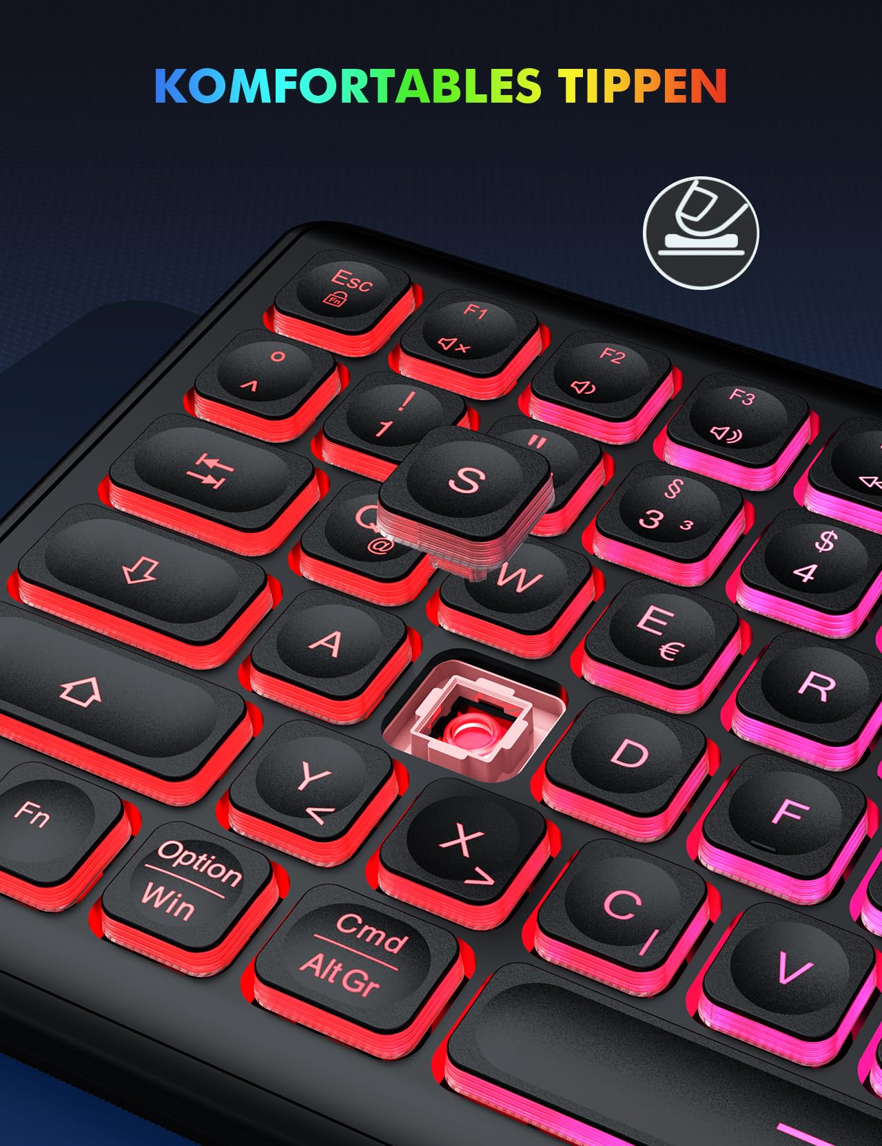 Tastatur Maus Set Kabellos Beleuchtete, wiederaufladbar & Automatischer Schlaf, verstellbare Höhe, 2,4 GHz LED leise USB-A & USB-C Funktastatur mit Maus, für Mac OS/Windows/PC/Laptop-Schwarz, QWERTZ