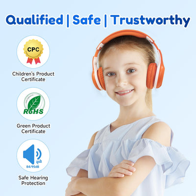 EarFun Bluetooth Kopfhörer Kinder, 85/94dB Lautstärkeregelung, HiFi Sound, HD-Mikrofon, 40 Std Akku, Faltbare, Einstellbar, Kopfhörer Kabellos Bluetooth Kinder für Schule/Reise/PC, Orange