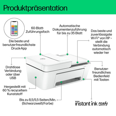 HP DeskJet 4220e Multifunktionsdrucker, 10€ Cashback, 3 Monate gratis drucken mit HP Instant Ink, Drucker, Kopierer, Scanner, Mobiler Faxversand, WLAN, Automatische Dokumentenzuführung, Weiß
