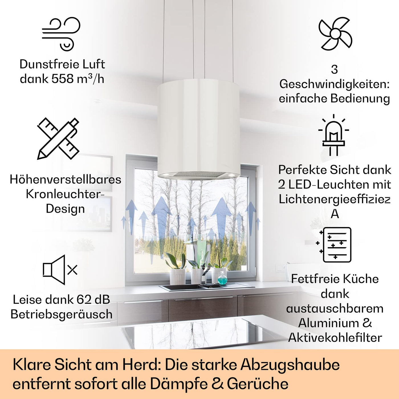 Klarstein Barett Inselabzugshaube - Dunstabzugshaube, Inselhaube, Ø 35cm, 190 W Motorleistung, max. 560 m³/h Umluftleistung, 3 Leistungsstufen, LED-Kochflächenbeleuchtung, Edelstahl, weiß