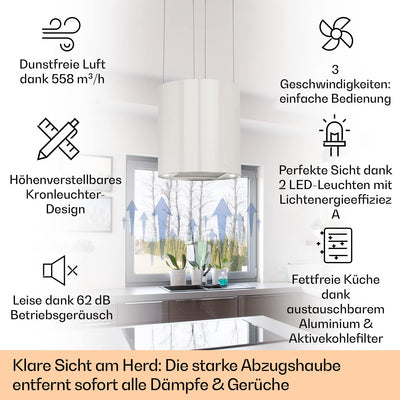 Klarstein Barett Inselabzugshaube - Dunstabzugshaube, Inselhaube, Ø 35cm, 190 W Motorleistung, max. 560 m³/h Umluftleistung, 3 Leistungsstufen, LED-Kochflächenbeleuchtung, Edelstahl, weiß