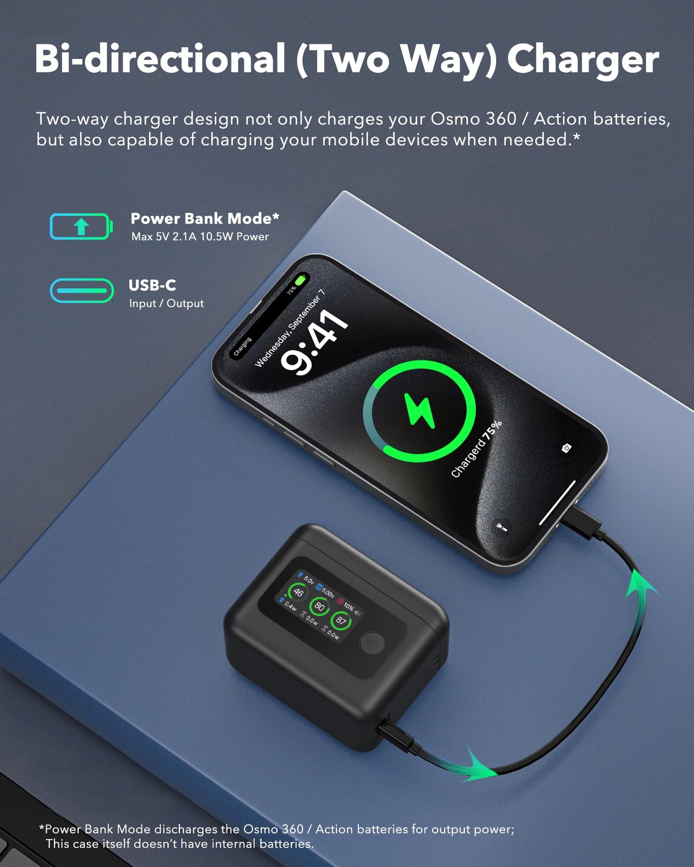 Smart Schnelllade-Hub, für DJI Osmo 360 Akku-Ladegerät, 30W LCD-Anzeige Akku-ladegehäuse Zubehör mit Kabel für Action 5 Pro/4/3 Batterie SOC Intelligente Zweiwegladestation (Für DJI)