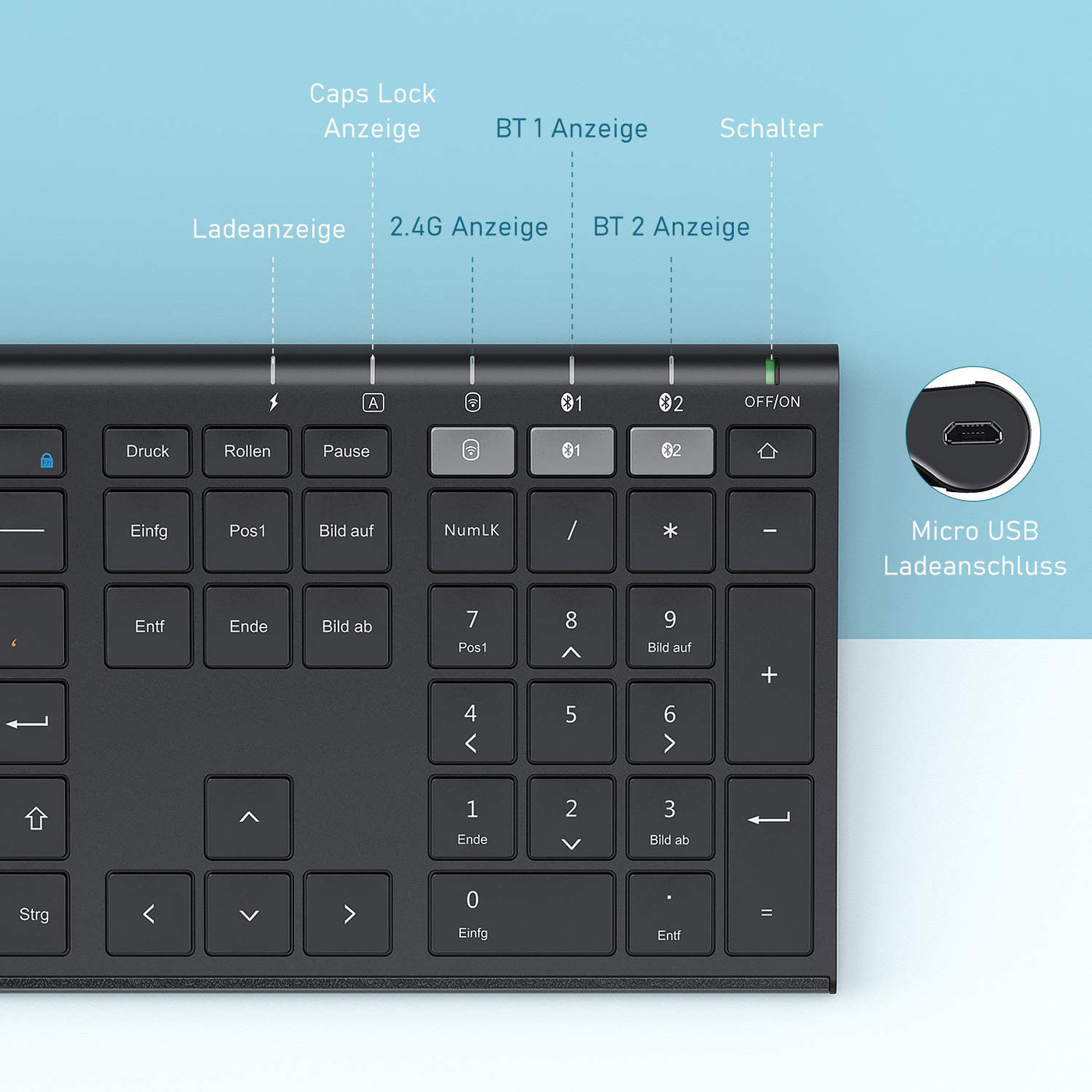 seenda Bluetooth Tastatur mit Maus Kabellos, Dual Bluetooth & 2.4G USB-Stick Tastatur Maus Set Kabellos, Wiederaufladbare Funktastatur Maus mit DE Layout für Mac/Windows/Android - Schwarz
