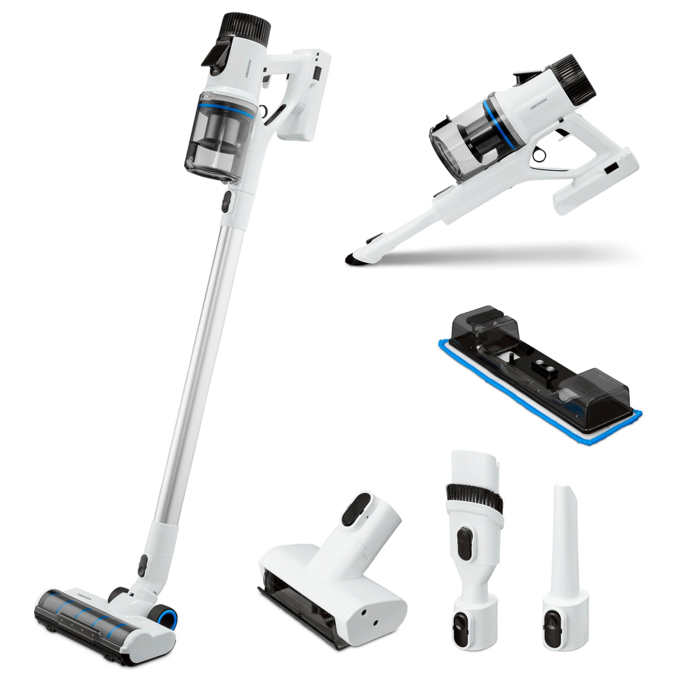 MEDION P400 W Stabstaubsauger mit Wischfunktion (kabellos, beutellos, Zyklon-Technologie, 400 Watt, 2in1 Stielstaubsauger Handstaubsauger, Akku, Staubsensor, HEPA H13, LED Touch Display, Bürstenrolle)