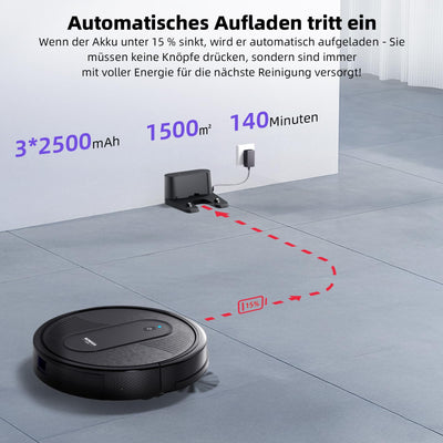 MONSGA Saugroboter mit Wischfunktion 3 in 1, Staubsauger Roboter 3000PA, Saugroboter mit 2 Bürsten, Selbstaufladend, WiFi, 140Mins, Ideal für Tierhaare, Teppich, Hartboden (Schwarz)