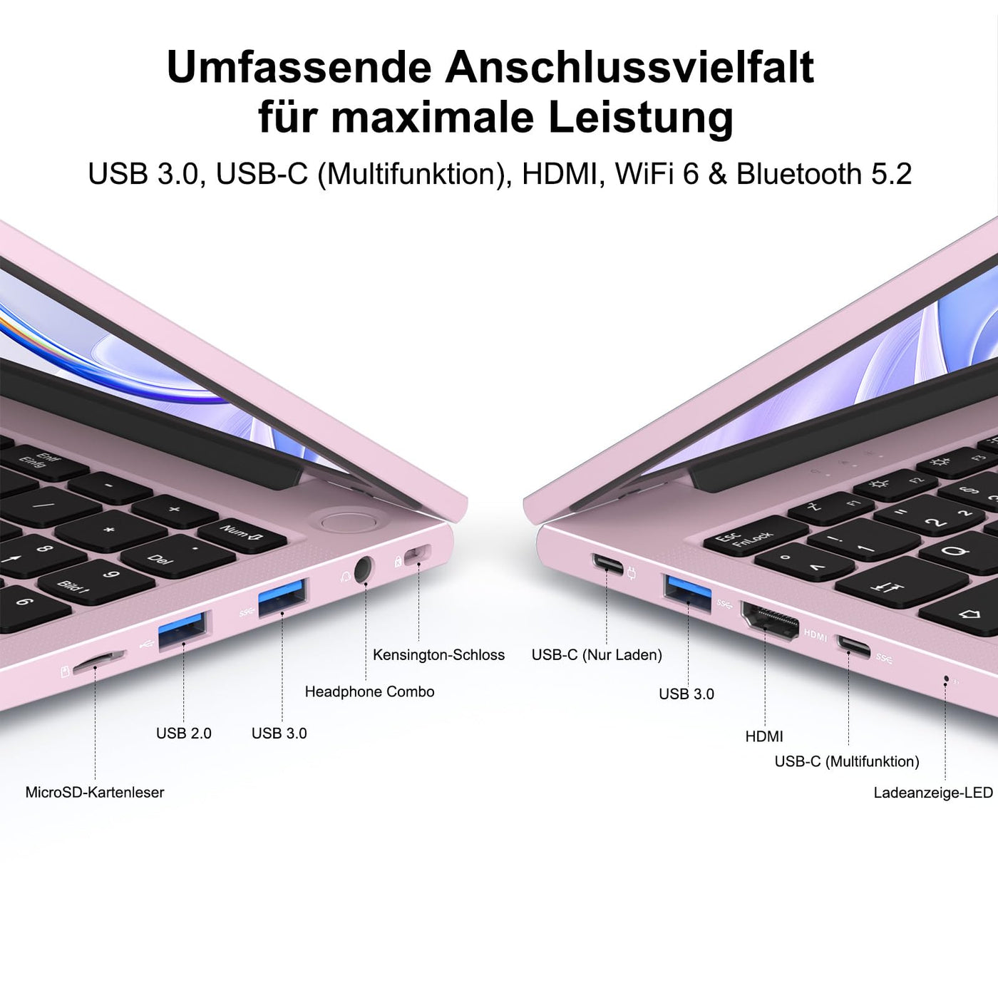 NIMO 15.6" Laptop FHD Computer Rosegold: 16GB RAM, 1TB SSD, Win 11 Home, Intel N100 bis 3,4GHz, WLAN-Konnektivität, Fingerabdruck, 65W PD, Hintergrundbeleuchtete Tastatur, Leicht & Stylisch