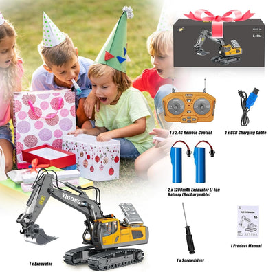 KIYTARBOO Ferngesteuertes Auto Bagger Spielzeug für ab 3 Jahre Sand Fahrzeuge Metall Ferngesteuert, 11CH, 2,4 GHz RC Bagger mit Licht und Sound 680° Drehung, Geschenke für Jungen ab 5 6 7 8 9 10 11 12