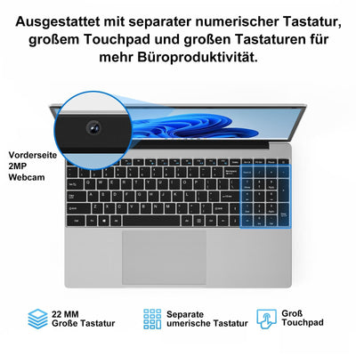 jumper Laptop 15,6 Zoll FHD Display, 12 GB RAM 640 GB ROM, Office 365, Prozessor 5205U Notebook, Akku 38 Wh, Zwei Stereo-Lautsprecher, USB 3.0, Typ-C, Digitale Tastatur