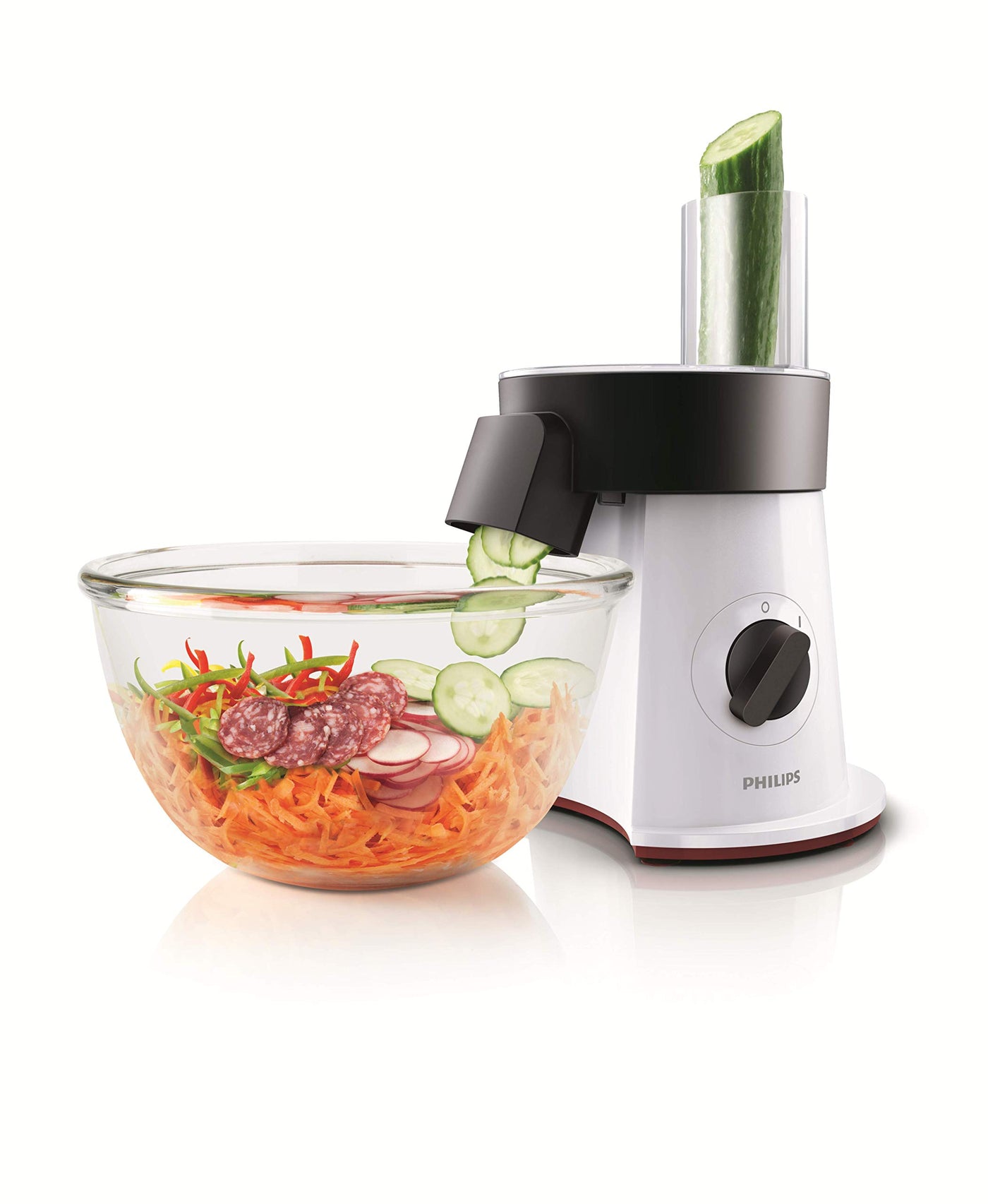 Philips HR1388/80 Viva Collection Salatzubereiter und Zerkleinerer / 200 W / 6 Scheibensätze aus Edelstahl, weiß/schwarz/rot