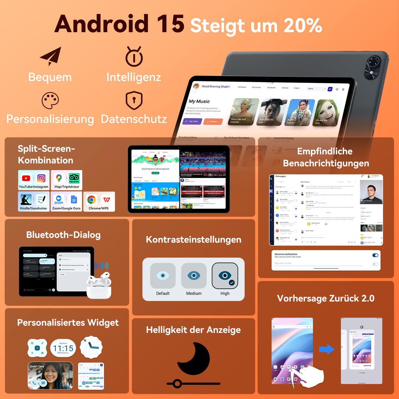 TABWEE T80 Android 15 Tablet 10 Zoll, 12GB RAM + 128GB ROM (Erweiterbar auf 2TB), 5G WiFi, Gemini AI, 6000mAh Akku. Perfekt für Gaming mit Dual-Kamera, BT5.0, OTG & Type-C. Neuestes Modell 2025
