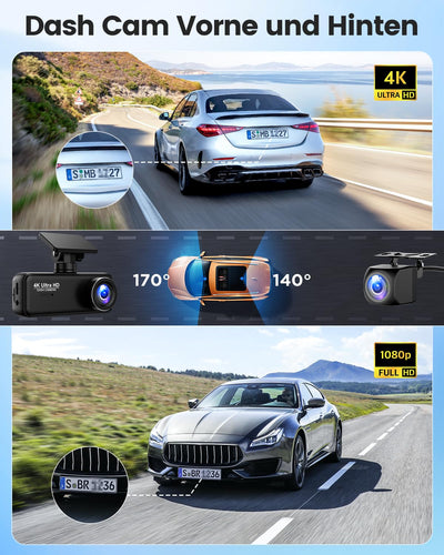 Dashcam Auto 4K+1080P SIGRILL Dashcam Auto Vorne Hinten, WiFi Dash Cam APP Steuerung, kostenlose 64-GB-Karte, Ultra Nachtsicht Daschcam, 24H Parkmodus, G-Sensor, Loop-Aufnahme, Max 256GB