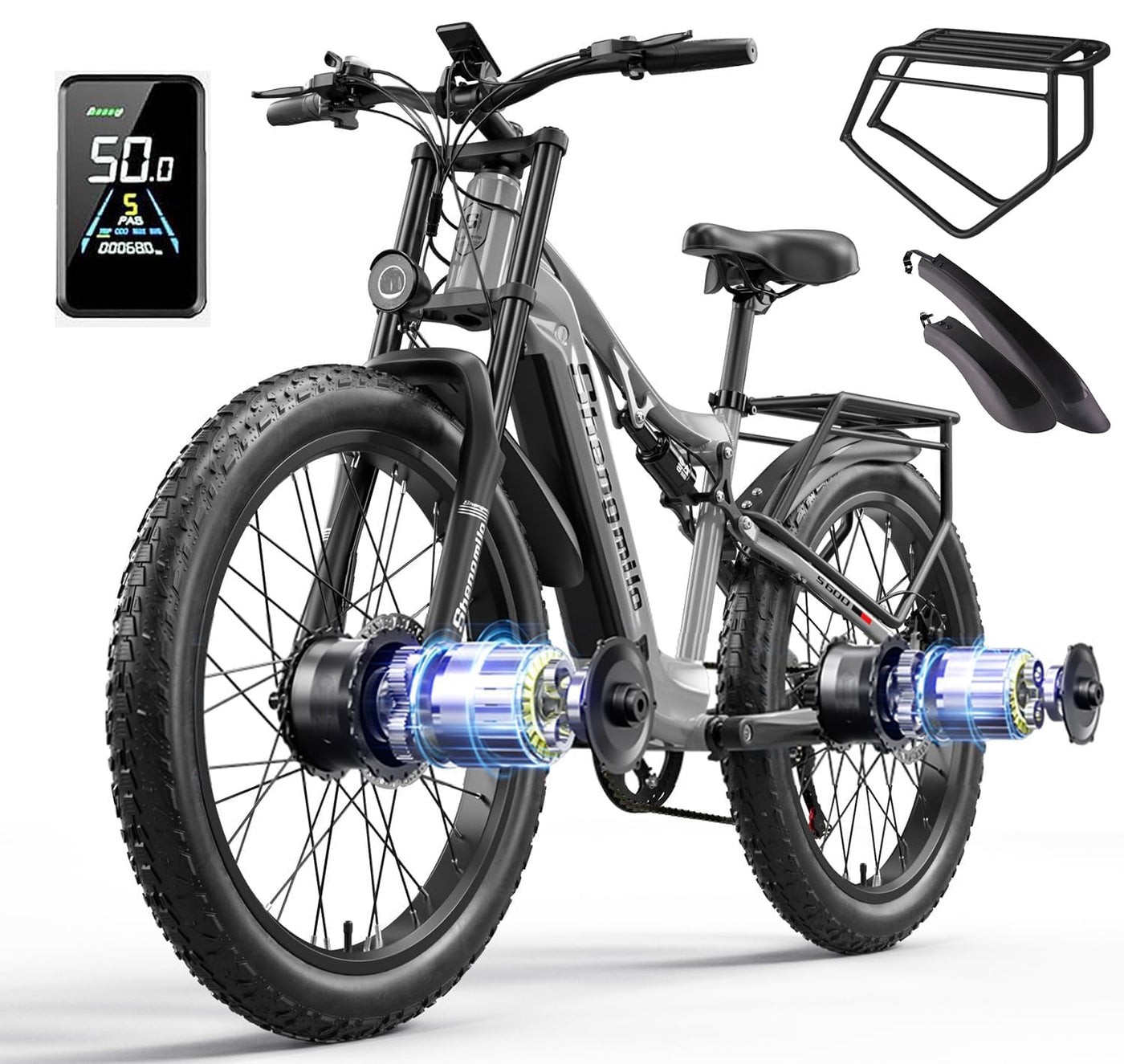 Shengmilo S600 Dual Motor Elektrofahrrad, 26-Zoll Fat Tire Adult Off-Road Elektrofahrrad mit abnehmbarem 48V 17.5Ah Akku, 7-Gang, mit Doppelstoßdämpfern und hydraulischen BremsenElektrofahrrad (S600)