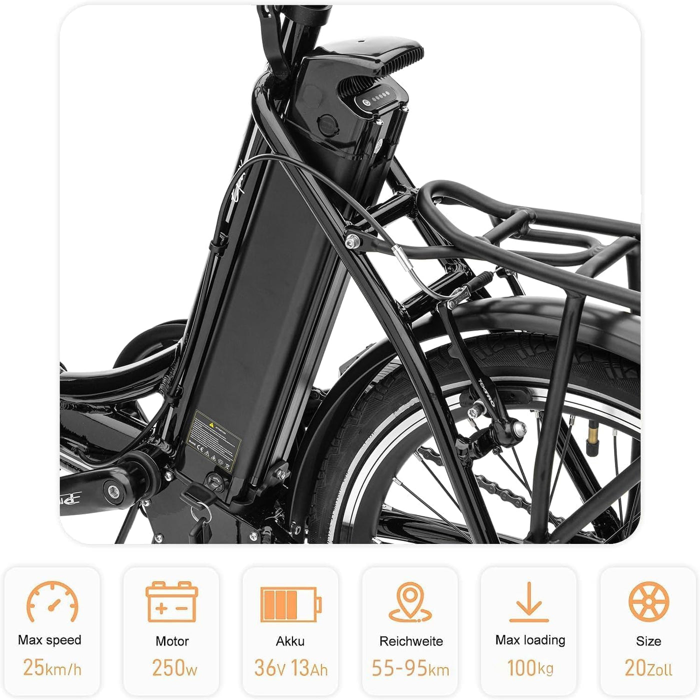 VecoCraft E-Pax e-Bike klapprad, klapprad 20 Zoll, mit herausnehmbarem 36V 13Ah Akku, Reichweite bis zu 55-95km, 250W Heckmotor, 7-Gang e-Bike schwarz