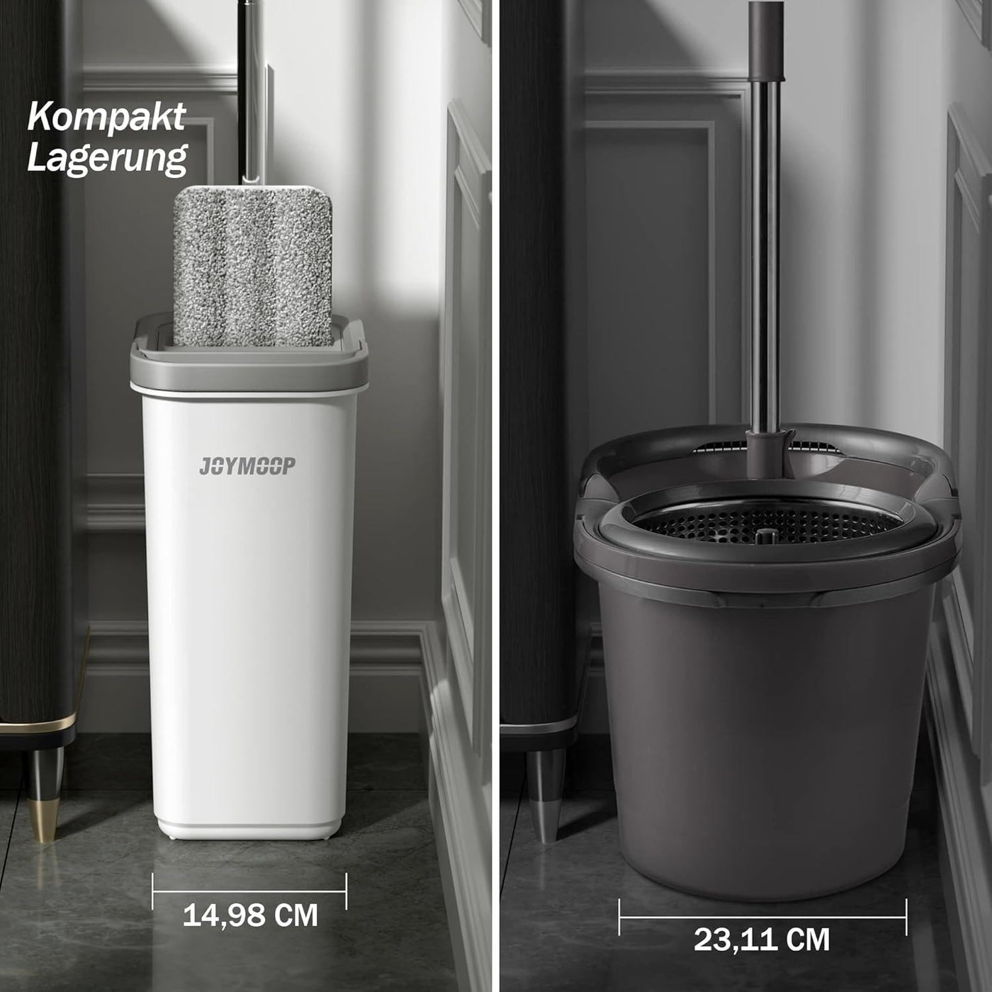 JOYMOOP Wischmopp und Eimer mit Auswringer-Set, freihändiger Flacher Bodenwischer und Eimer, mit 3 waschbaren Mikrofaser-Pads, Nass- und Trockengebrauch, Bodenreinigungssystem