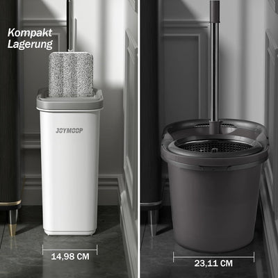 JOYMOOP Wischmopp und Eimer mit Auswringer-Set, freihändiger Flacher Bodenwischer und Eimer, mit 3 waschbaren Mikrofaser-Pads, Nass- und Trockengebrauch, Bodenreinigungssystem