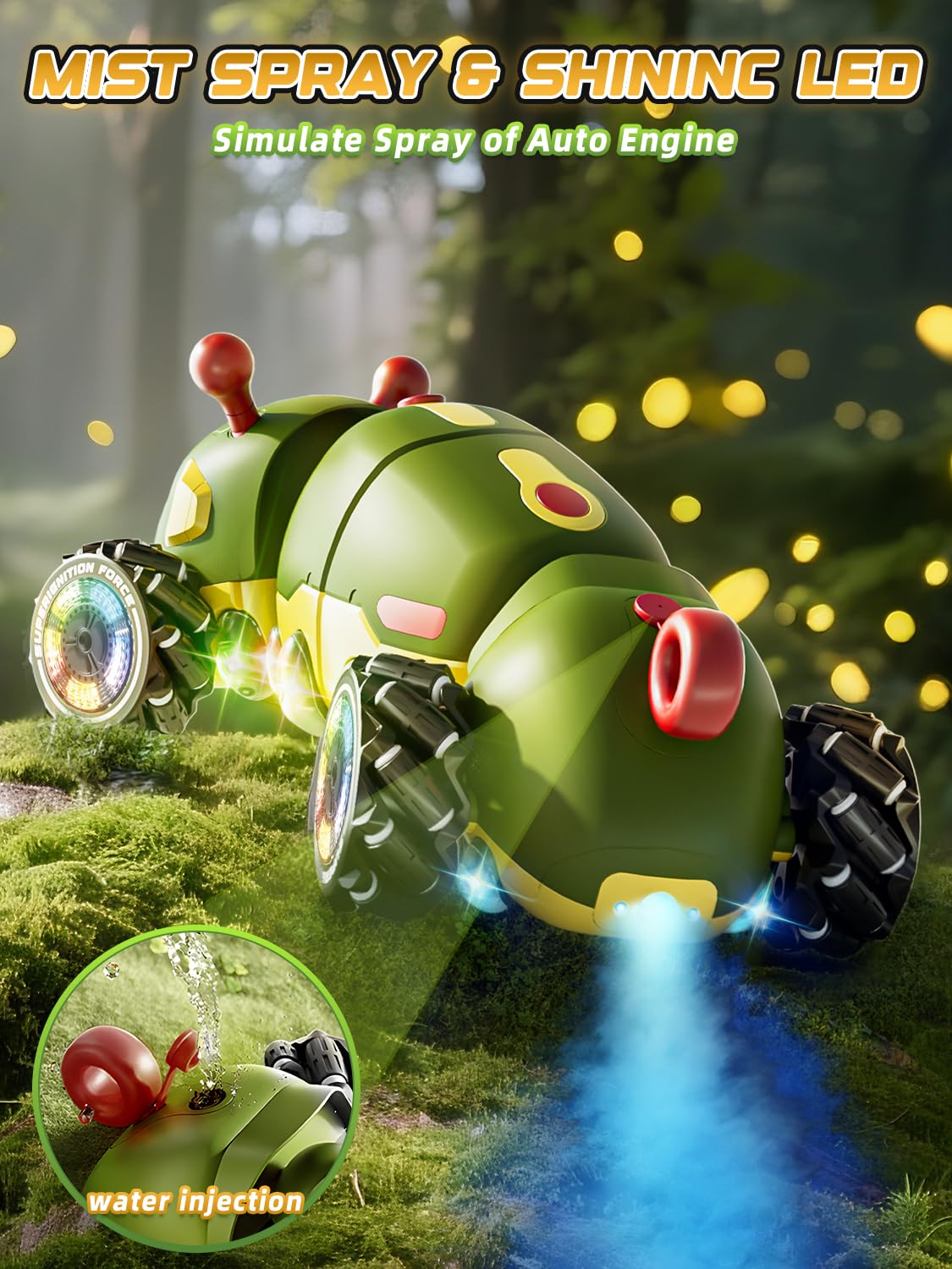 Kssvzz Ferngesteuertes Auto Raupe mit Musik, 2,4 GHz RC Stunt Car mit Spray & Cool Beleuchtung, 4WD 360°Rotation Krabbelndes Insekt Monster Truck, Spielzeug Geschenk für 3 4 5 6 7 8 9+Junge Mädchen