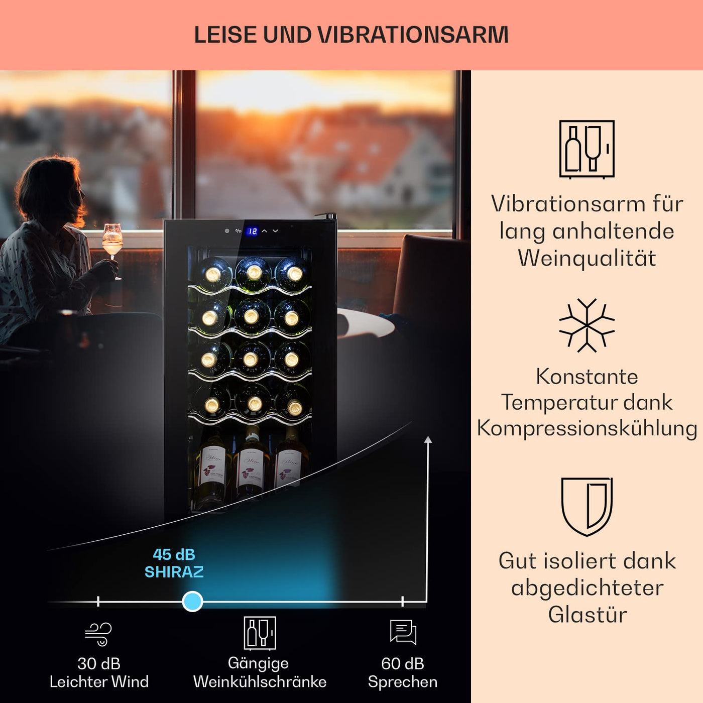 Klarstein Weinkühlschrank, 1 Zonen Getränkekühlschrank Klein, Kleiner Weinschrank 53L, Wein-Kühlschrank Klein mit Glastür, Indoor/Outdoor Flaschenkühlschrank, Wine Fridge 5-18°C, 15 Flaschen