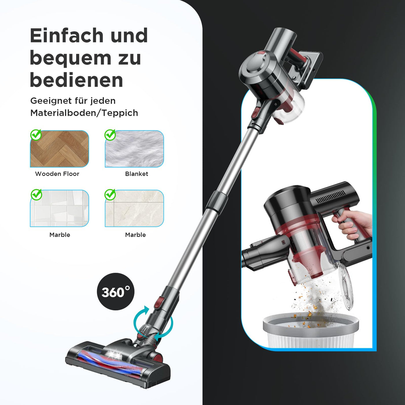 KLiHD Akku Staubsauger Staubsauger Kabellos: 450W/38000Pa mit LED Display Bis zu 55Mins Laufzeit Anti-Tangle-Staubsauger Stielstaubsauger für Tierhaare Hartböden Teppich