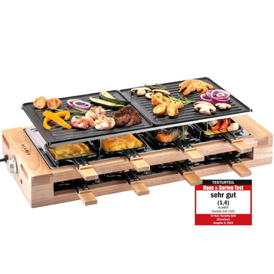 KLAMER Raclette 8 Personen, 1500W Raclette Grill mit Holzgestell, Raclette mit antihaftbeschichteter Grillplatte, Tischgrill elektrisch