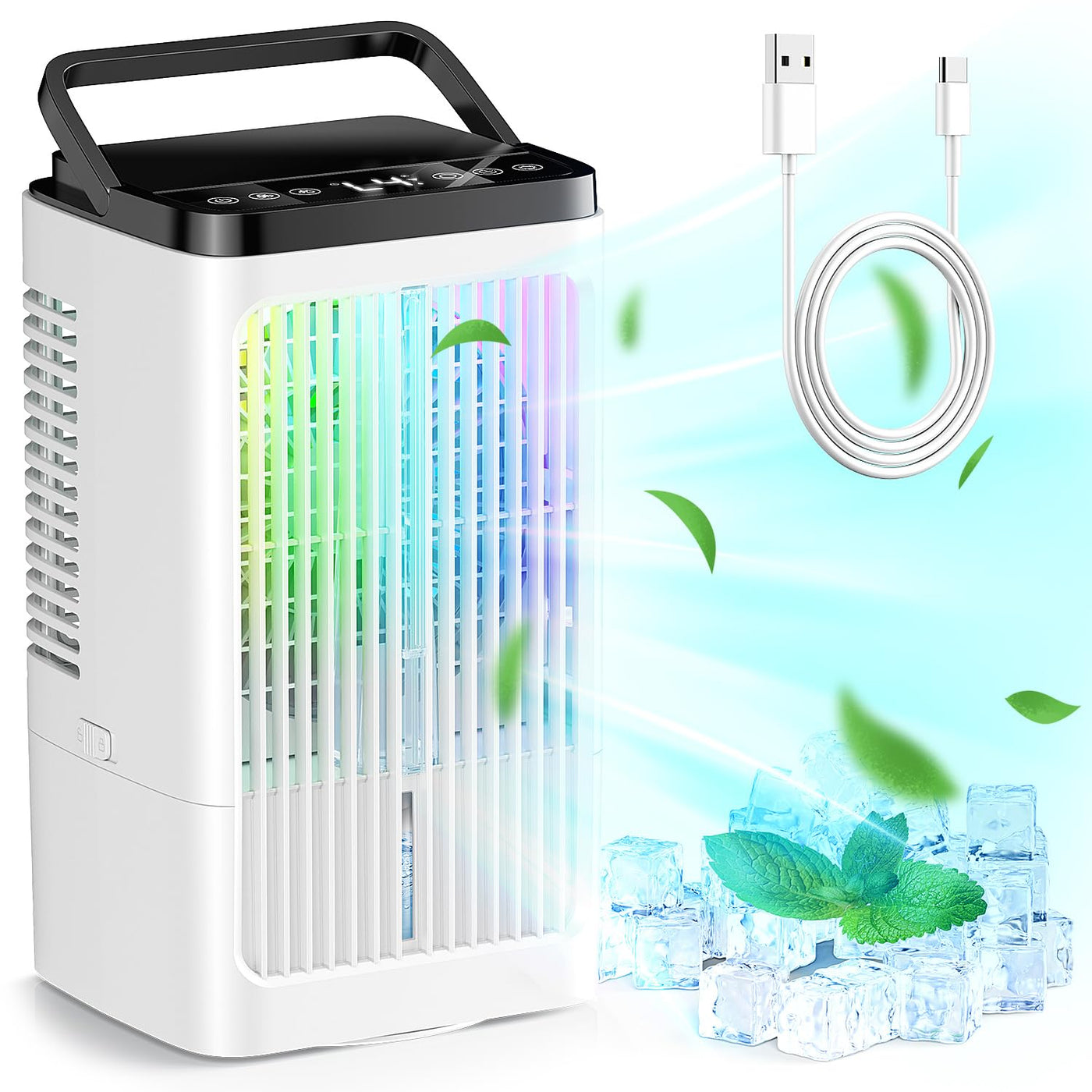 Tragbare Klimaanlage, 1500ml Lüfter, 4 Geschwindigkeiten, 7 Farben LED-Beleuchtung, 2 Sprühfunktionen und 1-8 Stunden Timer, perfekt für Schlafzimmer, Büro