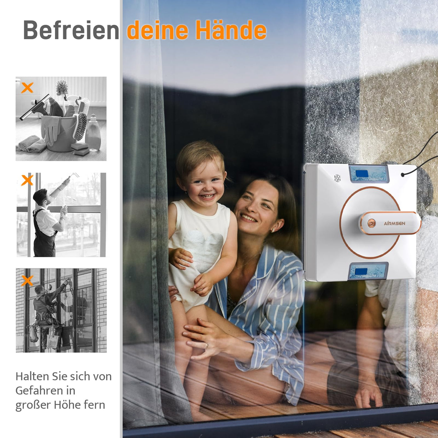 AIRMSEN YW500 Fensterputzroboter, Intelligenter Elektrischer Fensterputzer 3000Pa geeignet zur Glasreinigung, Automatische Wegplanung, Standort Speicher, Kantenerkennung Technologie