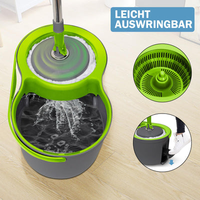 Wischmopp Set mit Eimer, Masthome 2-in-1 Bodenwischer Komplett Set mit 3 Mikrofaser-Pads, Wischmopp mit Verstellbarer Edelstahlstiel (100-128cm),Putzeimer mit Wischmopp für Laminat(Grün)