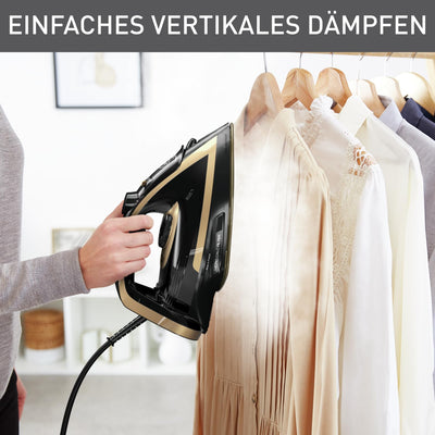 Tefal Puregliss Dampfbügeleisen, 3000 Watt, 280 g/Min. Dampfstoß, 0-50 g/Min. variabler Dampf, Vertikaldampf, Durilium AirGlide Autoclean Bügelsohle, Micro-Calc-Filter, schwarz/gold, FV8064