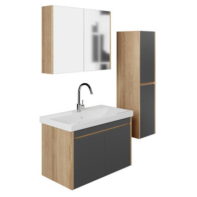 Komplettprogramme Badezimmermöbel Set Dallas 80 cm | Keramikwaschbecken | Spiegelschrank | Unterschrank | Hochschrank | Waschbeckenunterschrank Waschbeckenschrank Badezimmerschrank Badmöbelset