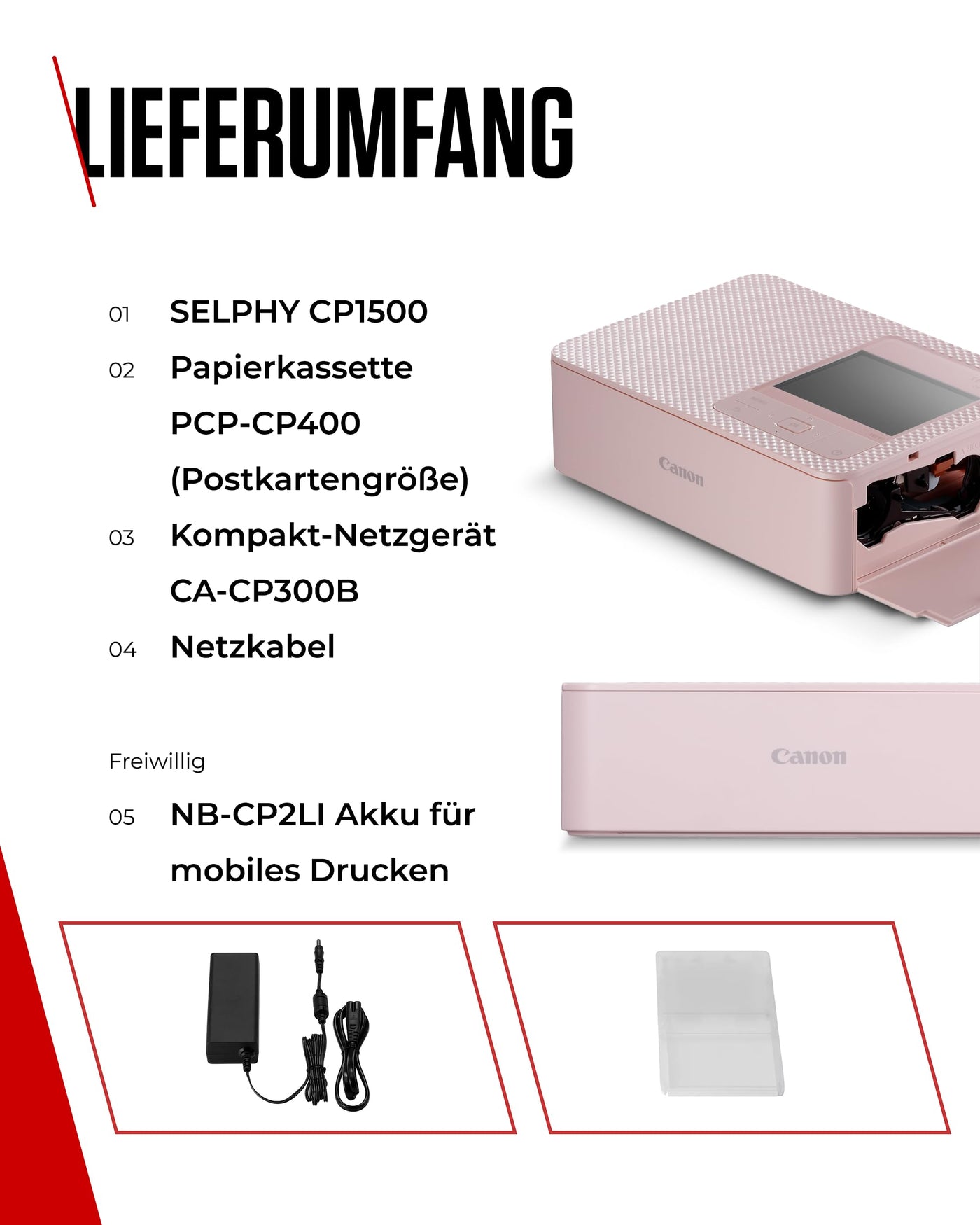 Canon SELPHY CP1500 Kompakter Fotodrucker – Drahtloses Drucken, Langlebige Fotos, USB-C & SD-Kartenanschluss – Perfekt für Scrapbooks und Fotoalben (Rosa)