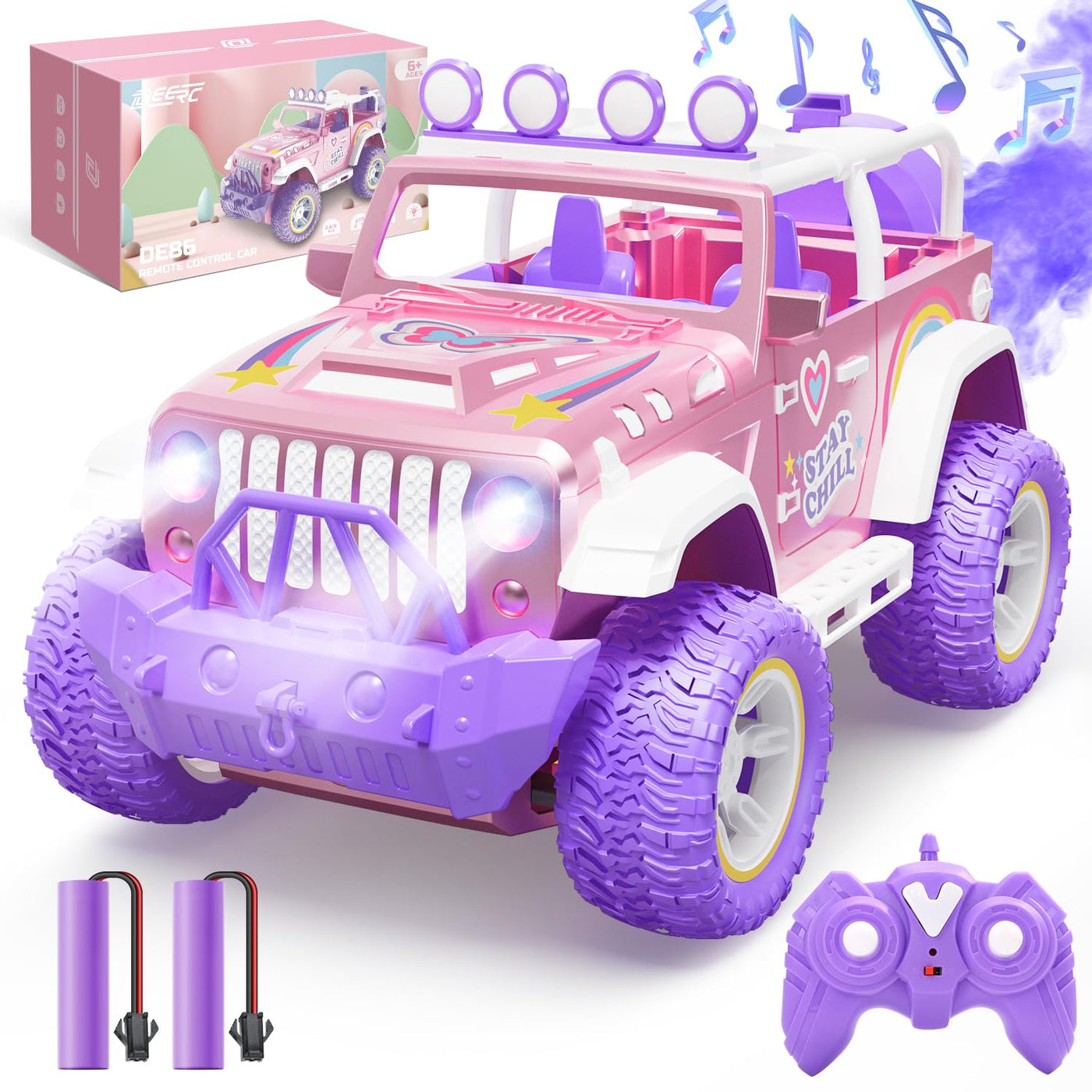 DEERC Pink Ferngesteuertes Auto für Mädchen mit Nebel und Musik, 1:16 RC Auto mit LED-Lichtern für Kinder, All-Terrain SUV Truck Geschenke, Geländewagen Spielzeugauto, Mädchen Spielzeug DE86-PI-DE4