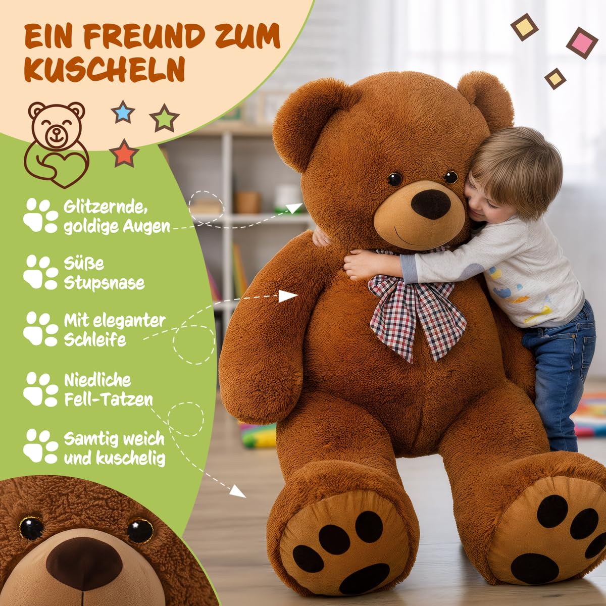monzana® Teddybär L - XXXL 50-175cm Weiches Fell Schleife Tatzendruck Geschenk Plüschtier Kuscheltier Stofftier Riesen Teddy Bär