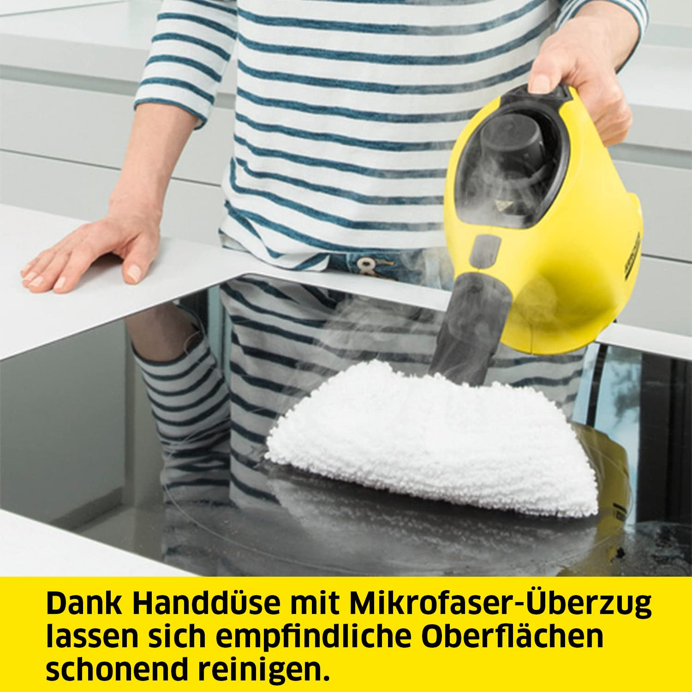 Kärcher Dampfreiniger SC 1, Dampfdruck: 3 bar, Aufheizzeit: 3 min., Leistung: 1.200 W, Flächenleistung: 20 m², Tank: 200 ml, mit Hand-, Punktstrahl- und Powerdüse, Mikrofaser-Überzug und Rundbürste