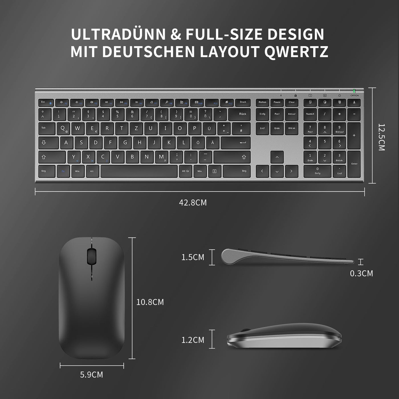 Kabelloses Tastatur Maus Set, seenda 2.4G Ultraflach Wireless Tastatur und Maus Aufladbar aus Aluminium, Deutsch QWERTZ Funktastatur Dünn für Windows/PC, Computer, Laptop, Smart-TV, Grau und Schwarz